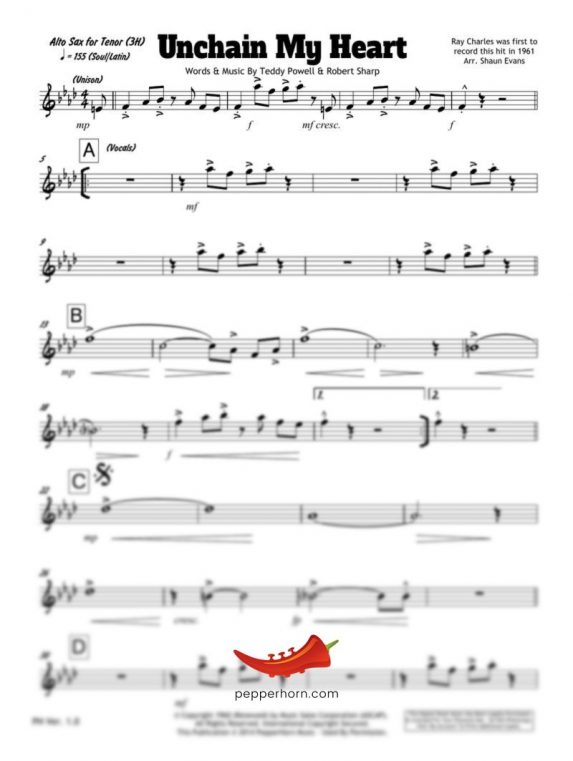 Unchain My Heart (Ray Charles) Alto Sax for Tenor (3 Horn)