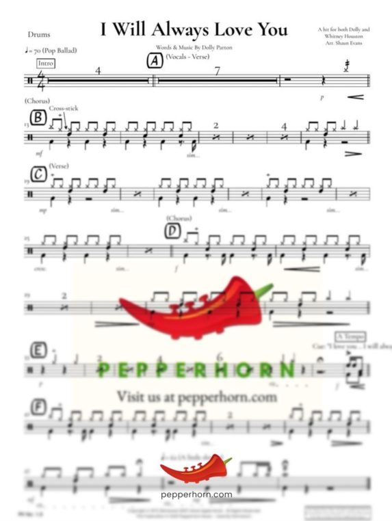 I Will Always Love You by Dolly Parton - Drum part preview from pepperhorn.com