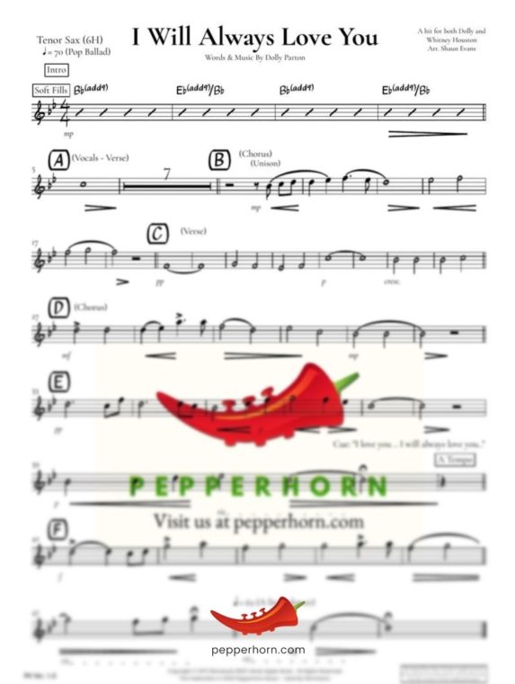 I Will Always Love You by Dolly Parton - Tenor Sax part preview from pepperhorn.com